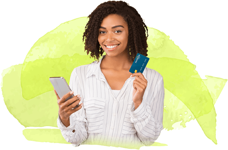 woman with mobile device and payment card